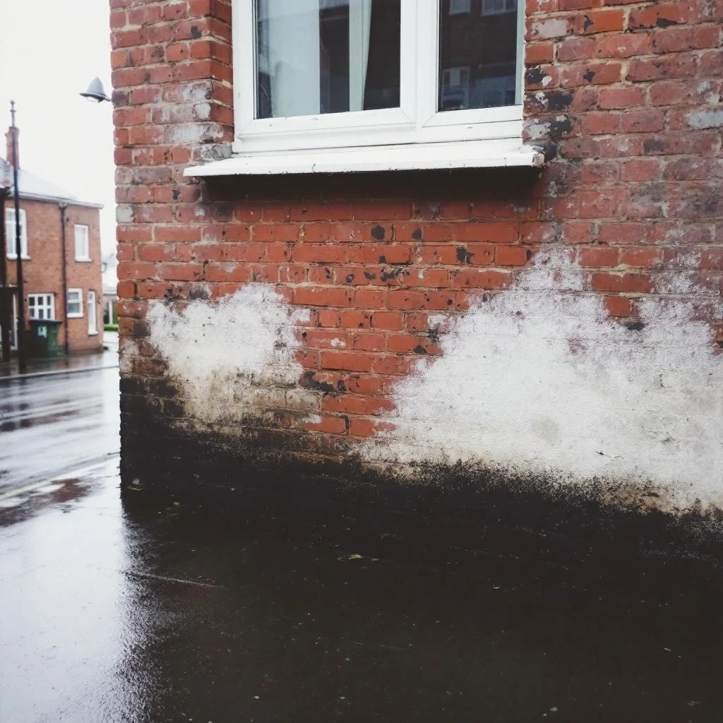 Gevel van Belgisch huis met opstijgend vocht zichtbaar op bakstenen - witte uitslag en vochtvlekken