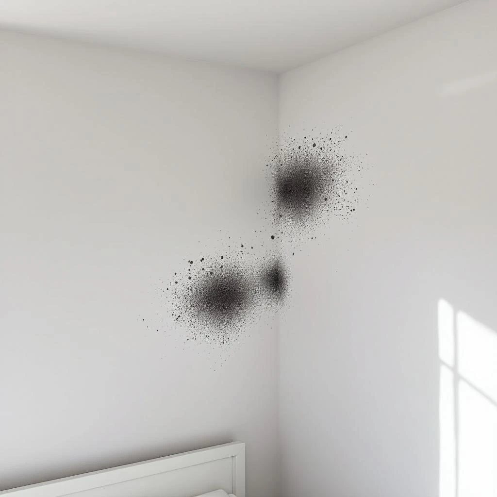 Schimmel in de hoek van een Belgische slaapkamer - zwarte vlekken die vochtbehandeling vereisen