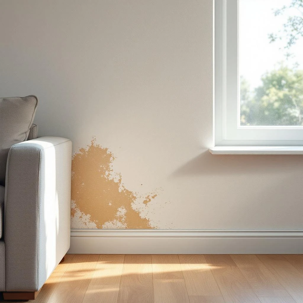 Vochtige muur in een Belgische woonkamer - vochtvlekken nabij de plint die professionele behandeling vereisen